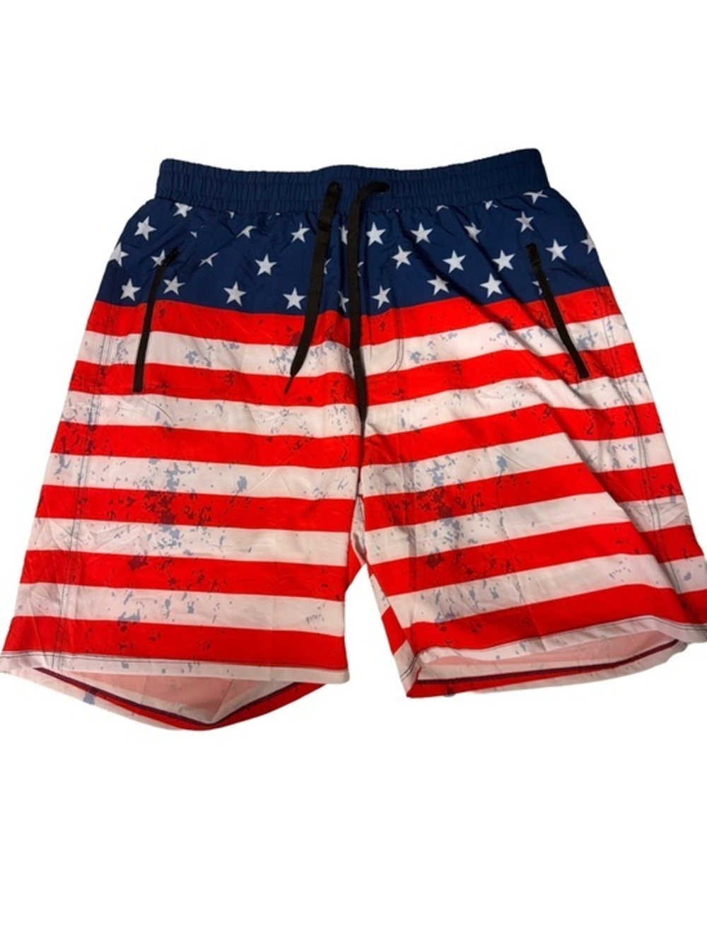NWT M lined Men's American Flag Swim Trunks - Red, White & Blue Splash Design